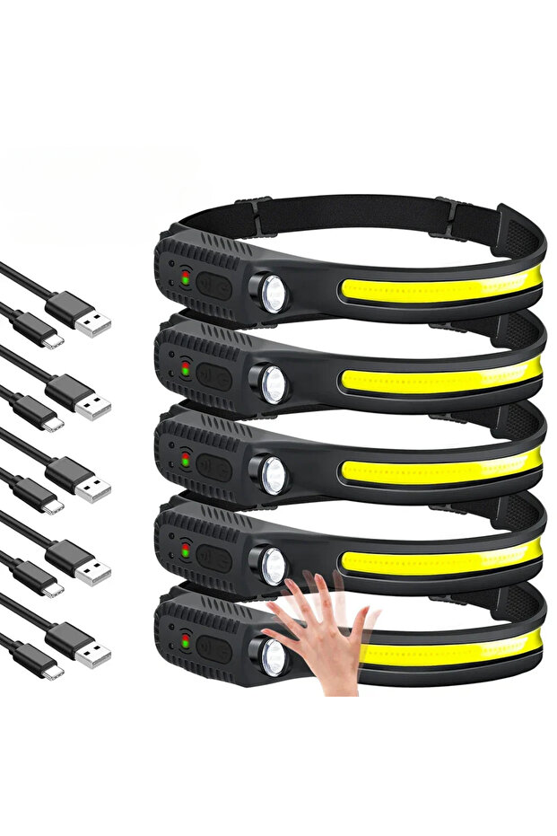 مصباح رأس 5CPS XPE+COB يعمل بتقنية الاستشعار، قابل لإعادة الشحن عبر منفذ USB، مزود بمستشعر LED، مقاوم للماء، مناسب للتخييم