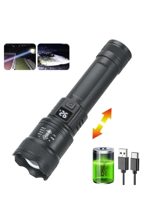 مصباح يدوي تكتيكي LED واحد، بقوة 2000 لومن، قابل لإعادة الشحن عبر منفذ USB، مقاوم للماء، مزود بخاصية التكبير، مصباح يدوي ساطع محمول للطوارئ
