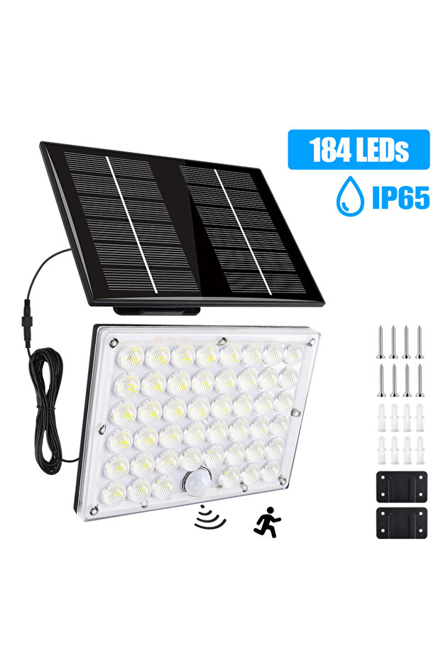 184 مصباح LED فائق السطوع، مصباح جداري شمسي خارجي مزود بمستشعر حركة، مقاوم للماء بمعيار IP65، بقوة 3 واط