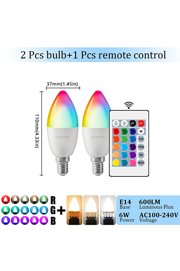 مصباح LED على شكل شمعة E14، يعمل بجهد 100-240 فولت تيار متردد، RGB، 3000 كلفن، عدد 2، من 1 إلى 10 مصابيح، RGB، مع جهاز تحكم عن بعد بـ 24 مفتاحًا، قابل للتعتيم، 6 واط، يعمل بجهد 220 فولت تيار متردد.