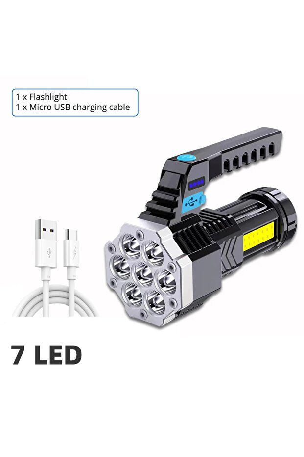 مصباح يدوي LED قابل لإعادة الشحن عالي الطاقة، مزود بـ 7 مصابيح LED للتخييم مع ضوء جانبي من نوع COB، خفيف الوزن للاستخدام الخارجي