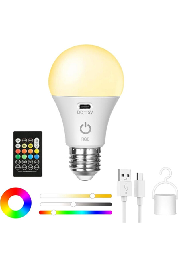 مصباح إضاءة قابل لإعادة الشحن بـ 16 لونًا، مصباح LED ذكي قابل للتعتيم بمنفذ USB، مصباح E27 مزود بمؤقت