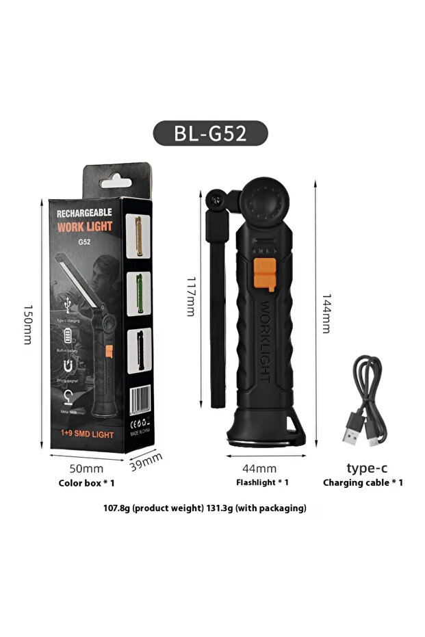 مصباح عمل LED COB كبير G52 بقدرة 450 لومن ومنفذ USB-C و800 مللي أمبير ومصباح عمل مغناطيسي بزاوية 360 درجة لإصلاح المرآب