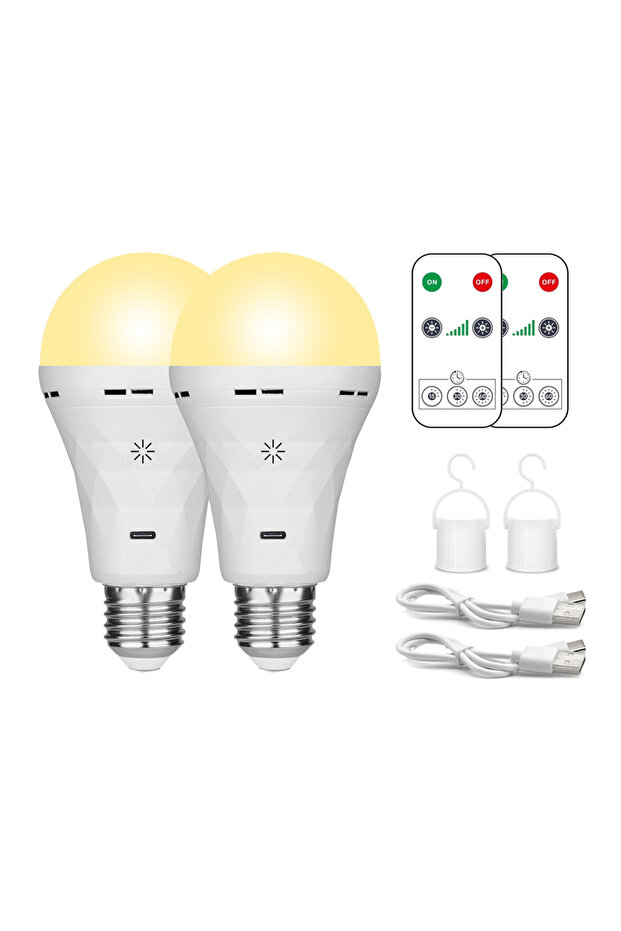 عبوة من مصباحين LED أبيض اللون يعملان بمنفذ USB، مصابيح قابلة لإعادة الشحن E27، مصابيح طوارئ دافئة مع مؤقت D
