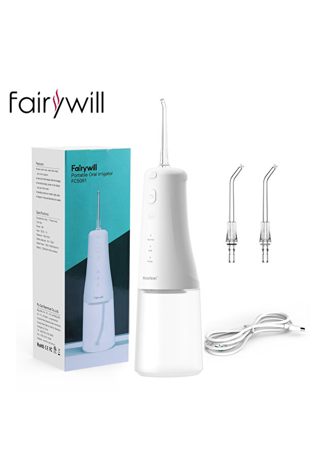 AE-FW-FC5091White Fairywill Cordless Water Flosser 3 Modes And 2 Replaceable Nozzles 300Ml Detachabl