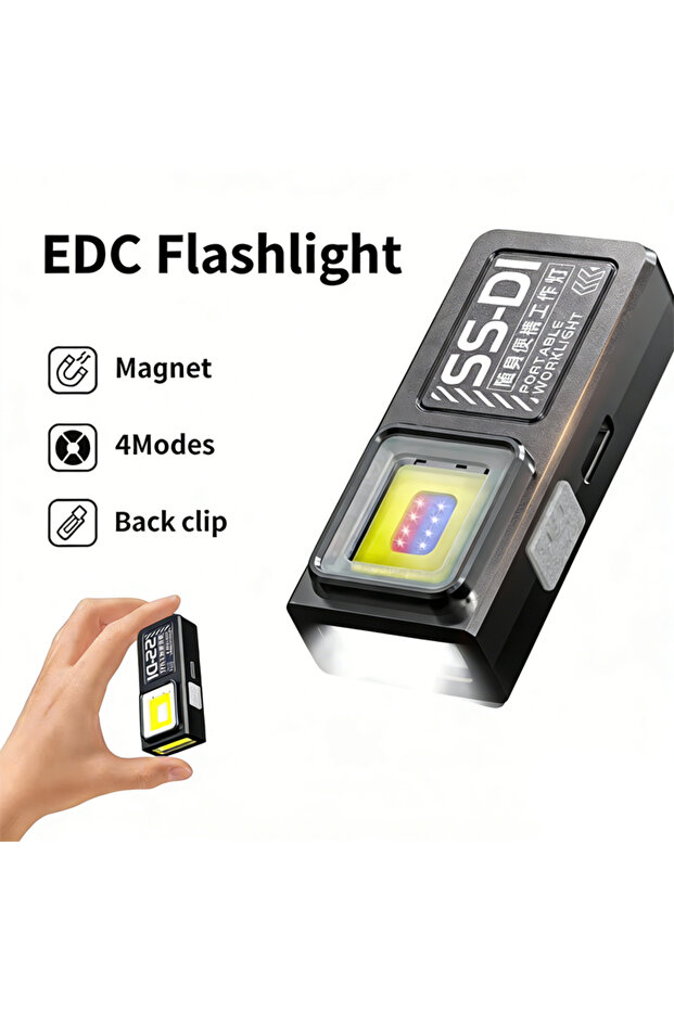مصباح يدوي صغير قوي بتقنية LED COB، قابل لإعادة الشحن عبر منفذ USB-C، مقاوم للماء، يُعلق على سلسلة المفاتيح.