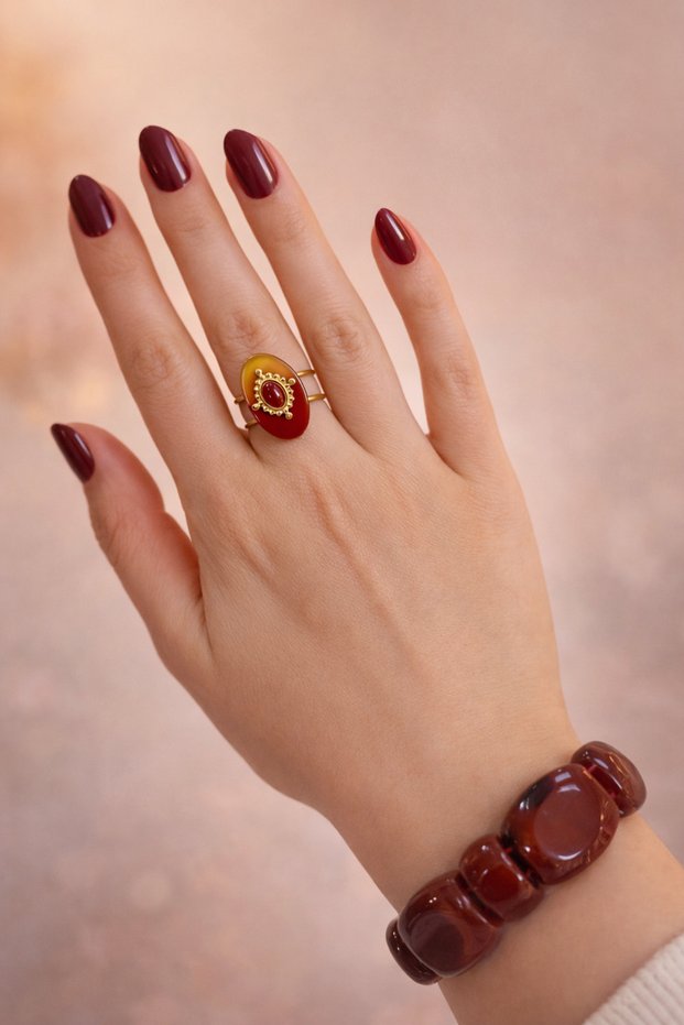 Gold Color Adjustable Women's Ring with Stone and Oval Detail