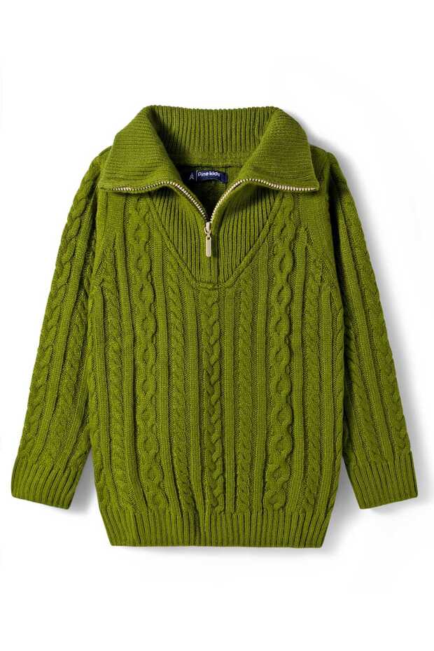 Knit Full Sleeves Pullover Sweater with Cable Knit Design - Green