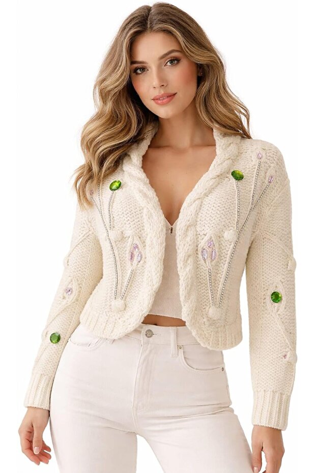 Women’s Knitted Cardigan – Cropped Cable Knit Sweater with Decorative Embellis
