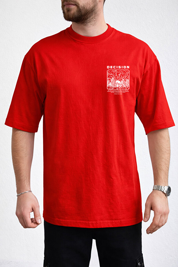 Men's Decision Chest Lettering Printed Crew Neck Red T-Shirt