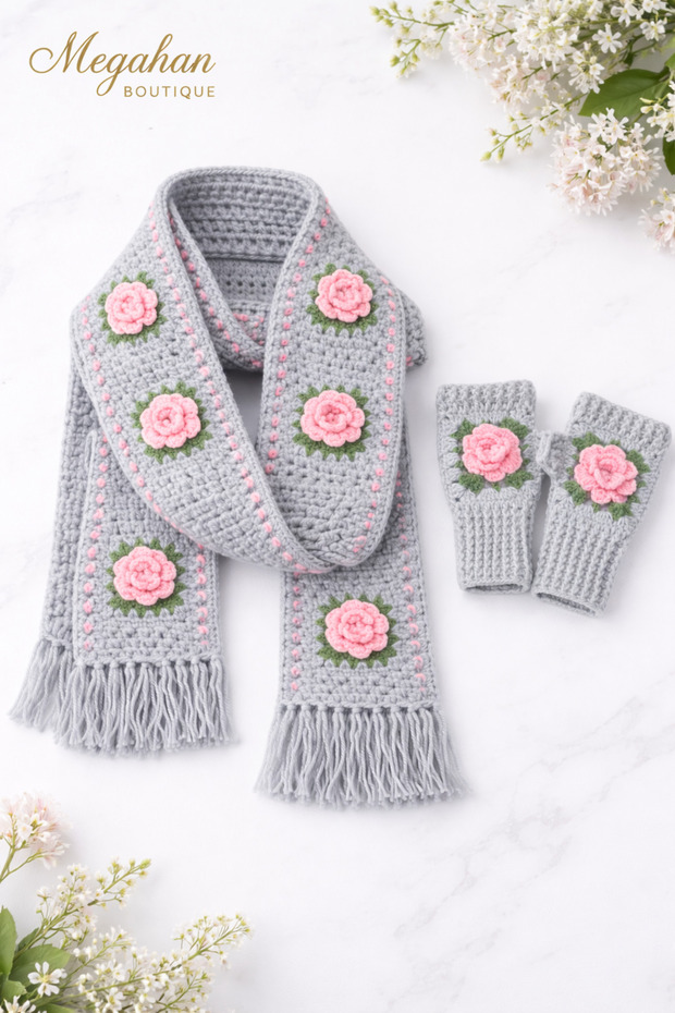 Megahan Gray Handmade Tig-Filled Pink Rose Motif Itrend Scarf and Glove Set