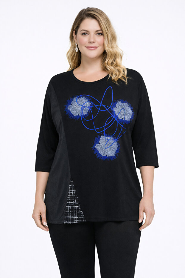 Women's Plus Size Black-Sax, Low Sleeve, Printed, Crew Neck Viscose Blouse 65N39349