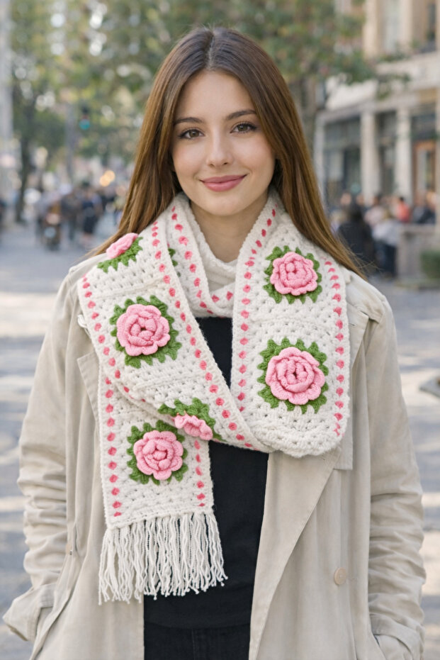 Megahan Handmade Tig Filled White Pink Rose Motif Trendy Scarf and Glove Set