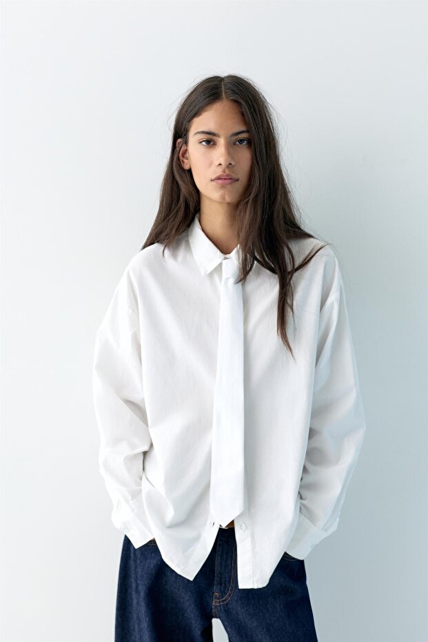 Kravatlı poplin gömlek - 2