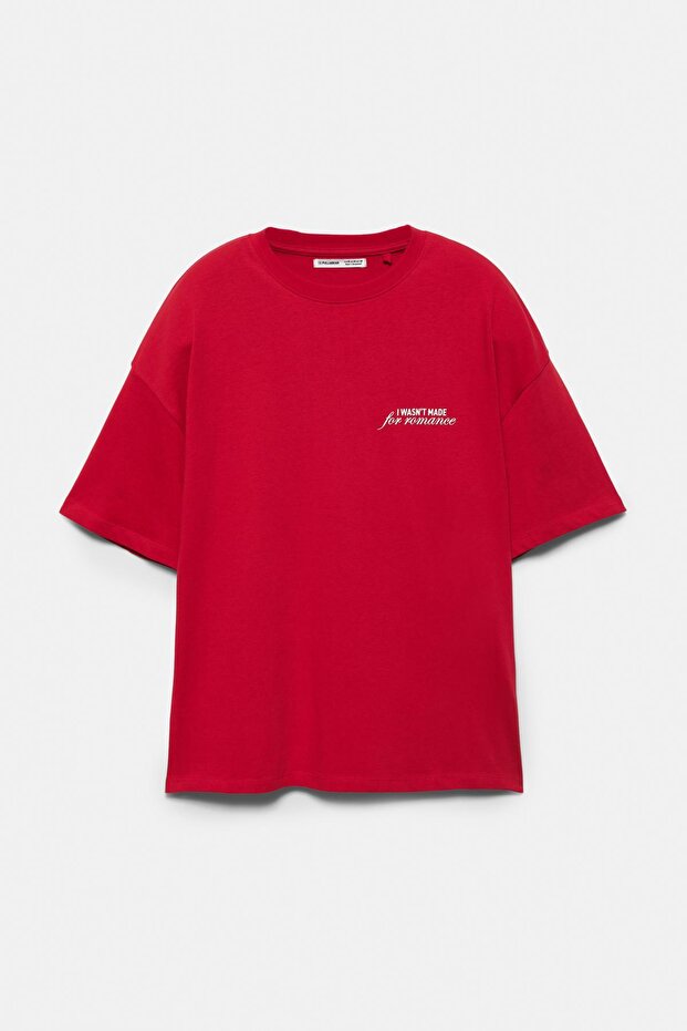 Kırmızı romantik grafik baskılı tişört - 6