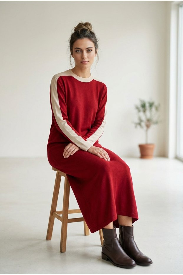 Women's Mercerized Fabric Long Knit Dress with Stripe Detail