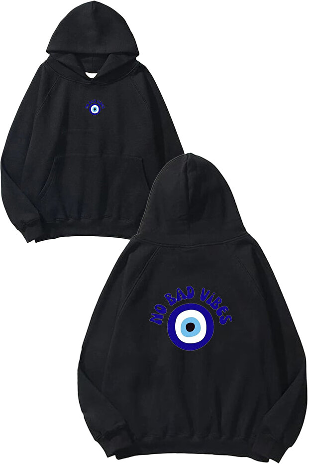 No Bad Vibes Design Printed Oversized Black Hooded Sweatshirt