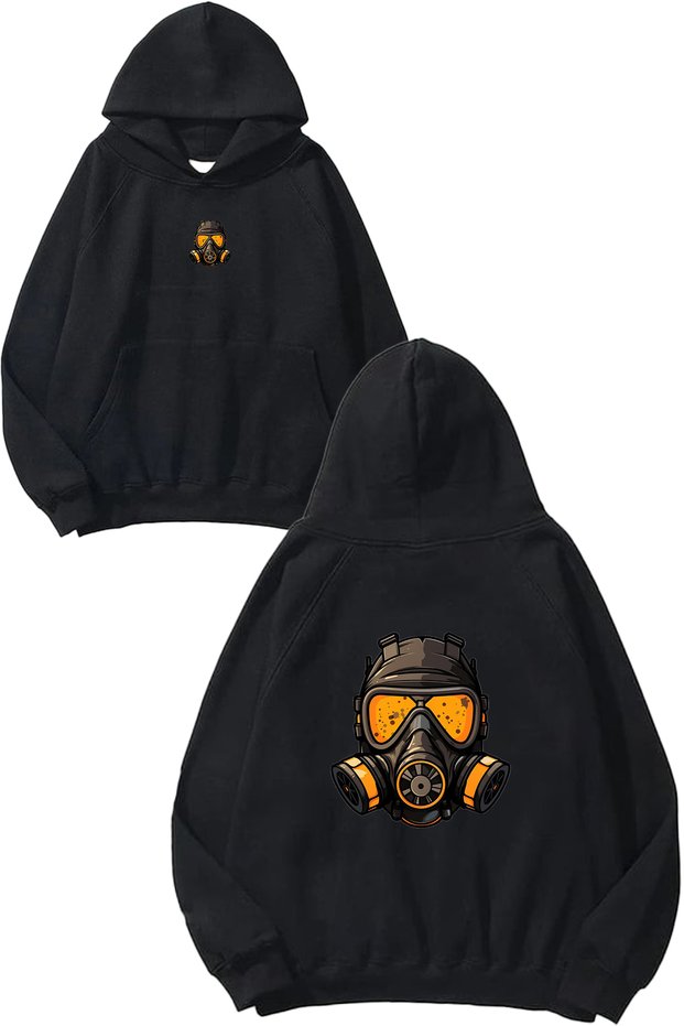 Gas Mask Design Printed Oversize Black Hooded Sweatshirt