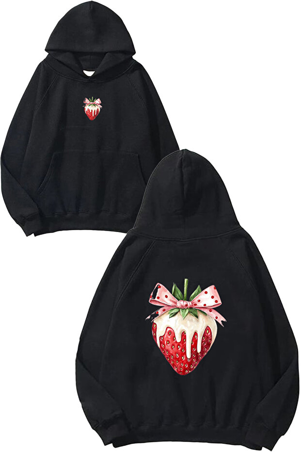 Creamy Strawberry Design Printed Oversize Black Hooded Sweatshirt