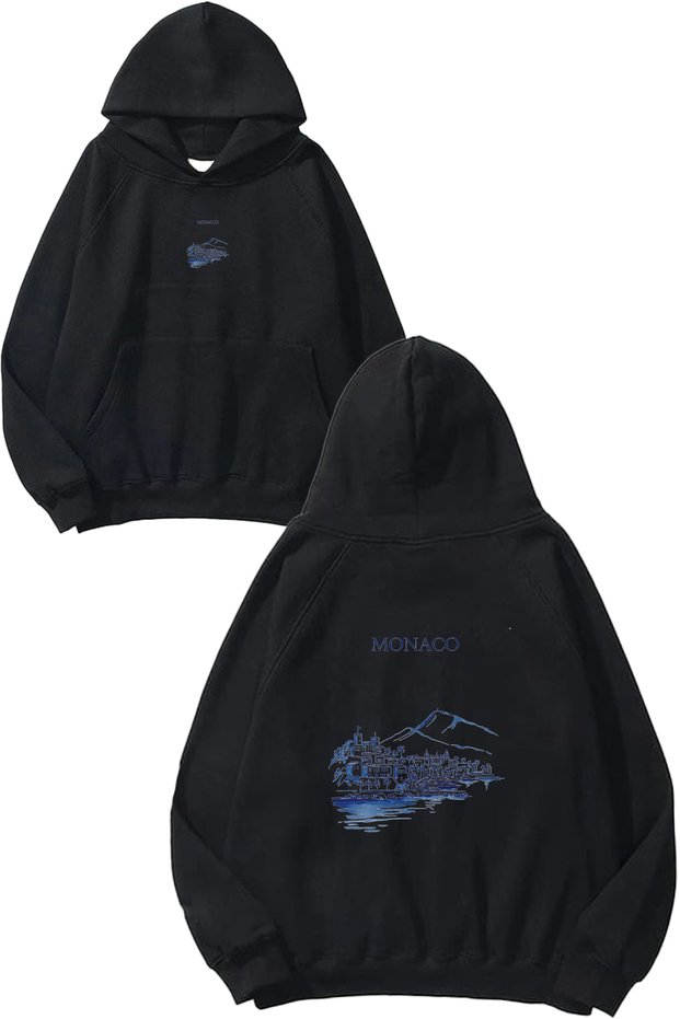 Monaco Design Printed Oversize Black Hooded Sweatshirt