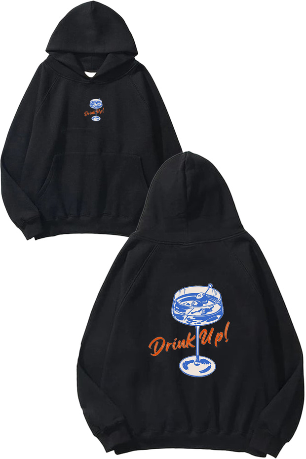 Drink up Design Printed Oversize Black Hooded Sweatshirt