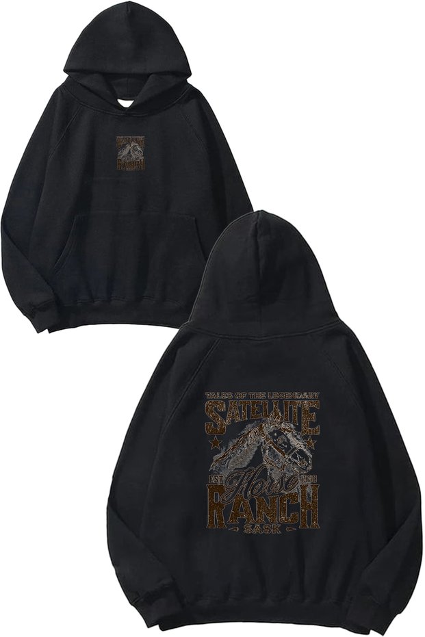 Horse Design Printed Oversize Black Hooded Sweatshirt