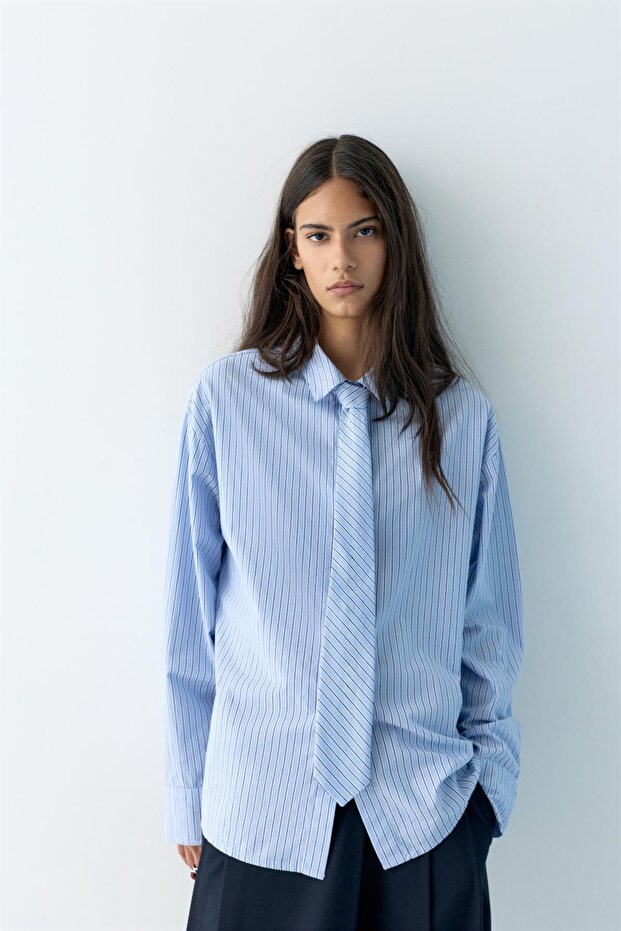 Kravatlı poplin gömlek - 3