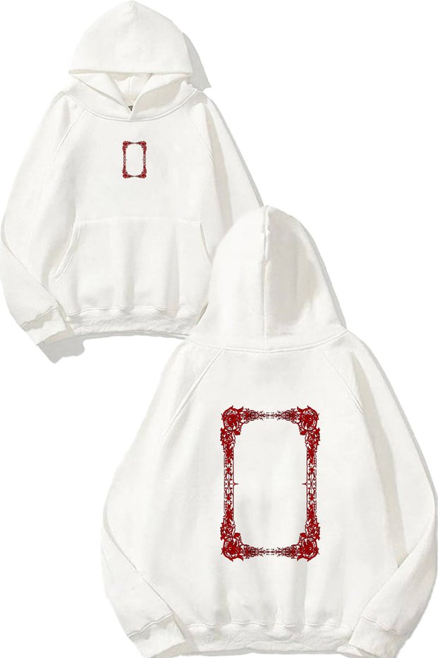 Red Frame Design Printed Oversize White Hooded Sweatshirt