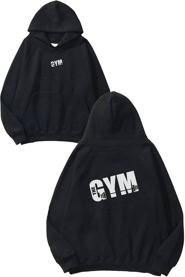 Gym 183 Design Printed Oversize Black Hooded Sweatshirt