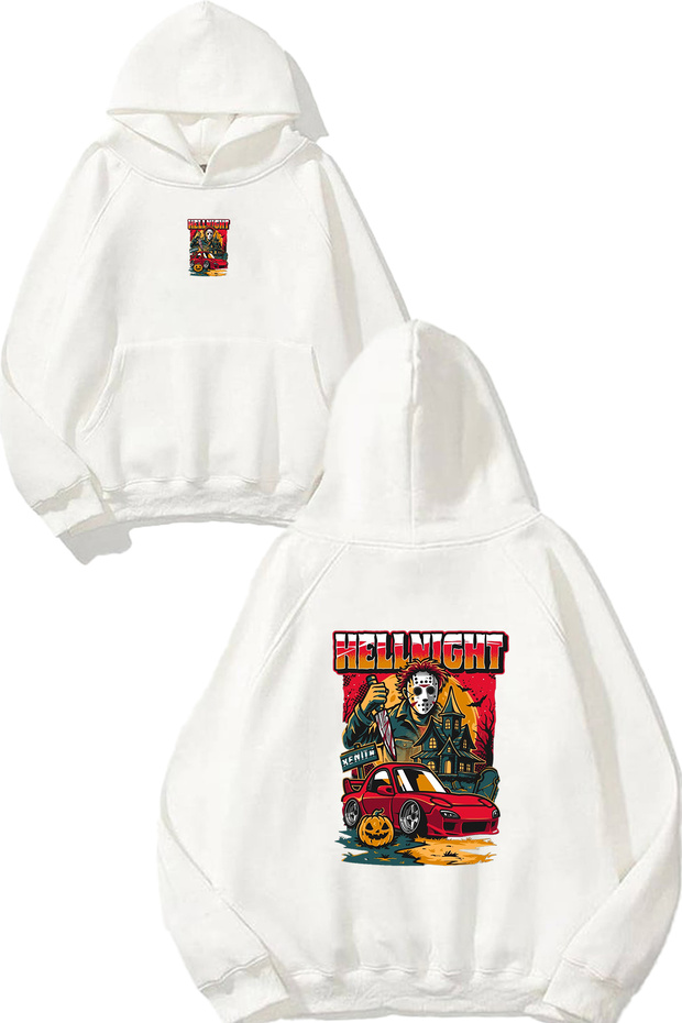 Hellnight Design Printed Oversize White Hooded Sweatshirt