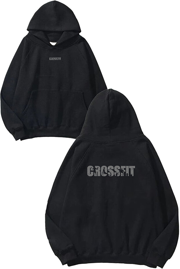 Crossfit Moves Design Printed Oversize Black Hooded Sweatshirt