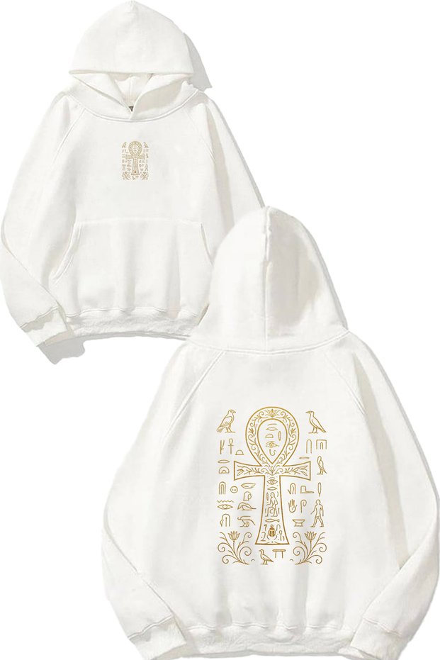 Egyptian Design Printed Oversize White Hooded Sweatshirt