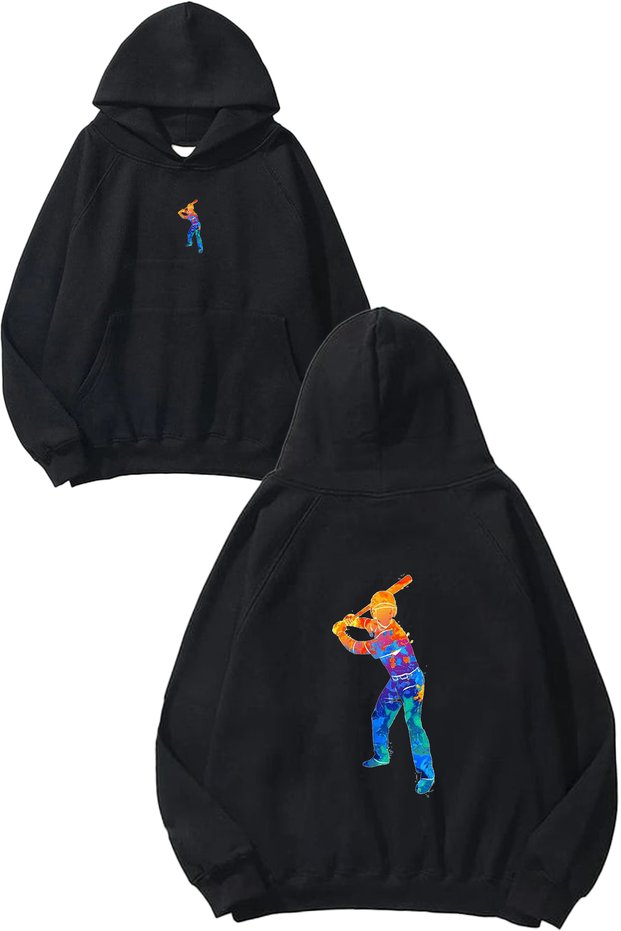 Baseball Design Printed Oversize Black Hooded Sweatshirt
