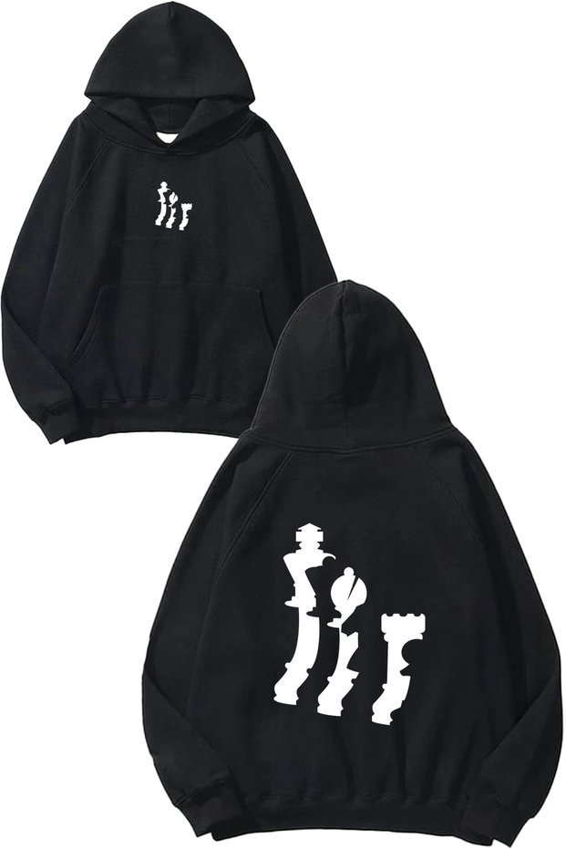 Chess 1 Design Printed Oversize Black Hooded Sweatshirt