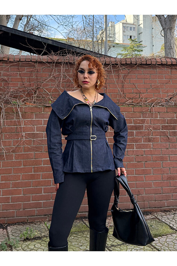 Premium Trend Design Denim Belted Madonna Collar Shirt Kedy