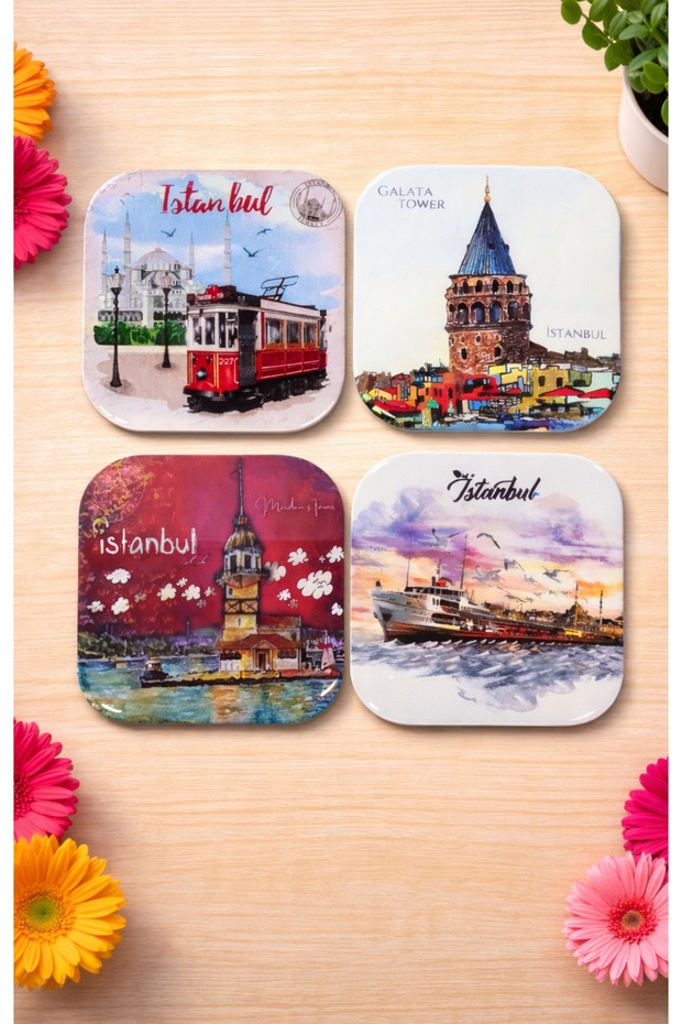 4-Piece Tram Steamboat Galata and Maiden's Tower Themed Special Design Gift Coasters