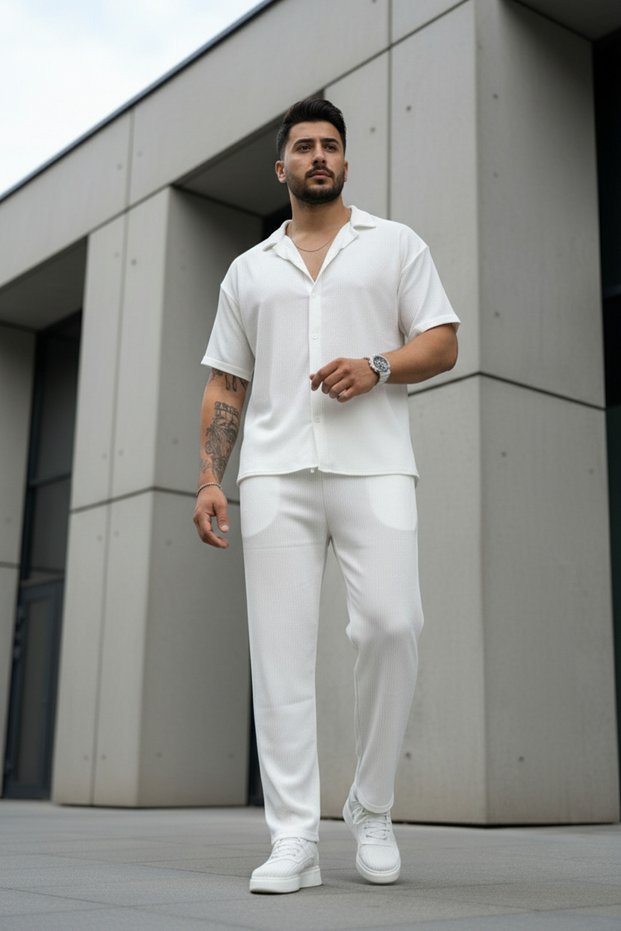 Unisex Trendy Crinkle Fabric Summer Lycra Short Sleeve Shirt and Sweatpants Set