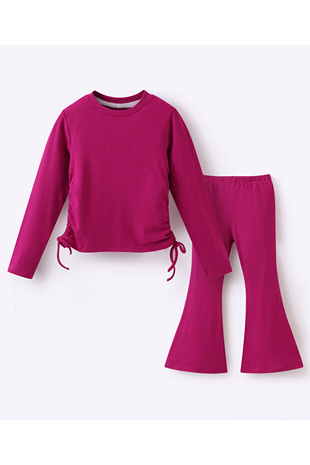 طقم مكون من بلوزة سادة وبنطال واسع الساقين - فوشيا - 2