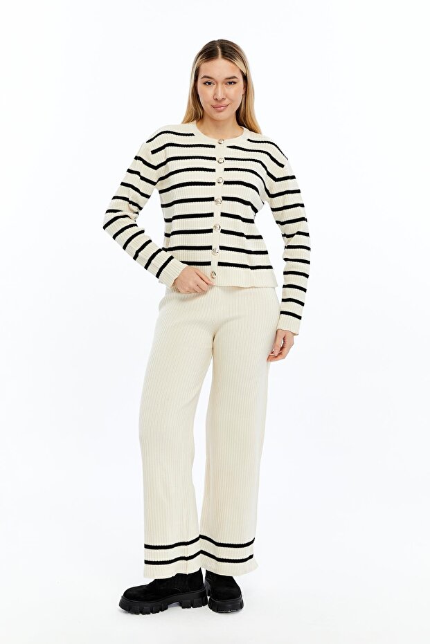 Kadın Çizgili İspanyol Paçalı Triko Takım - 2