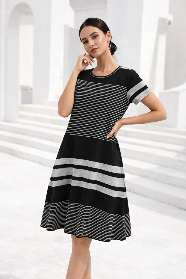Women's Midi Length Double Pocket Striped Crew Neck Dress