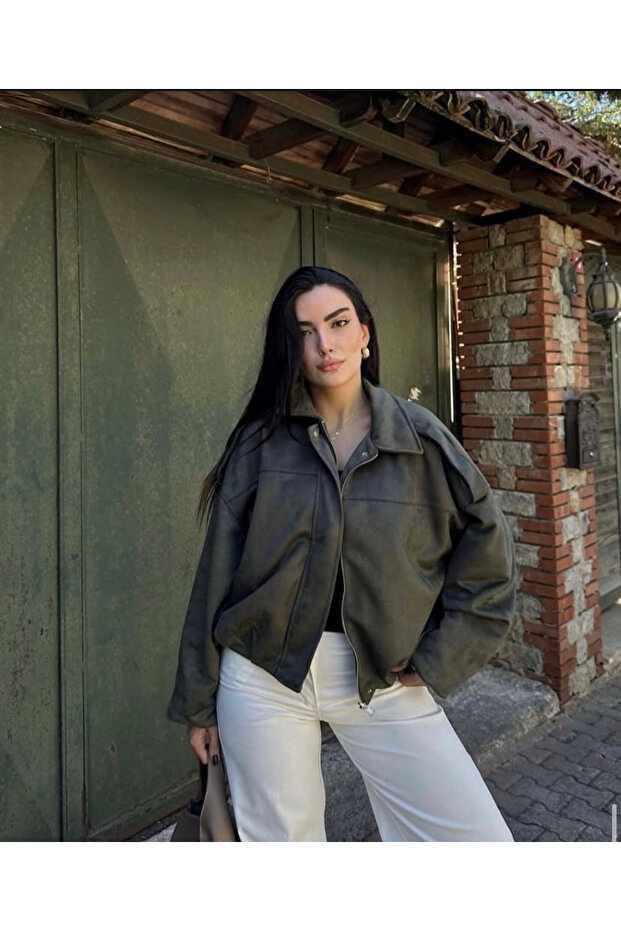 New Season Women's Suede Effect Oversize Crop Bomber Jacket – Brown/Khaki