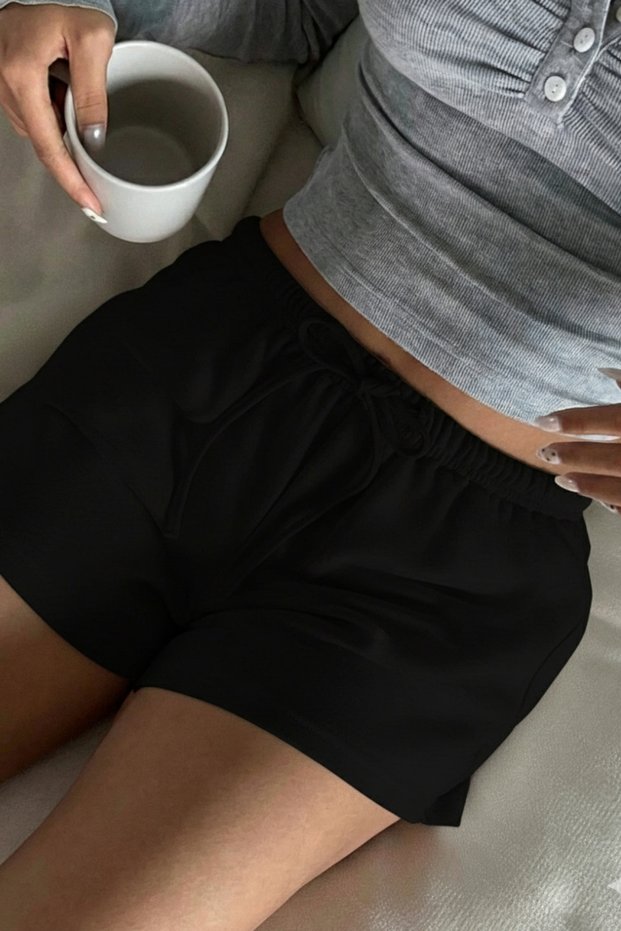 Women's Black Cotton Casual Shorts with Elastic Waist