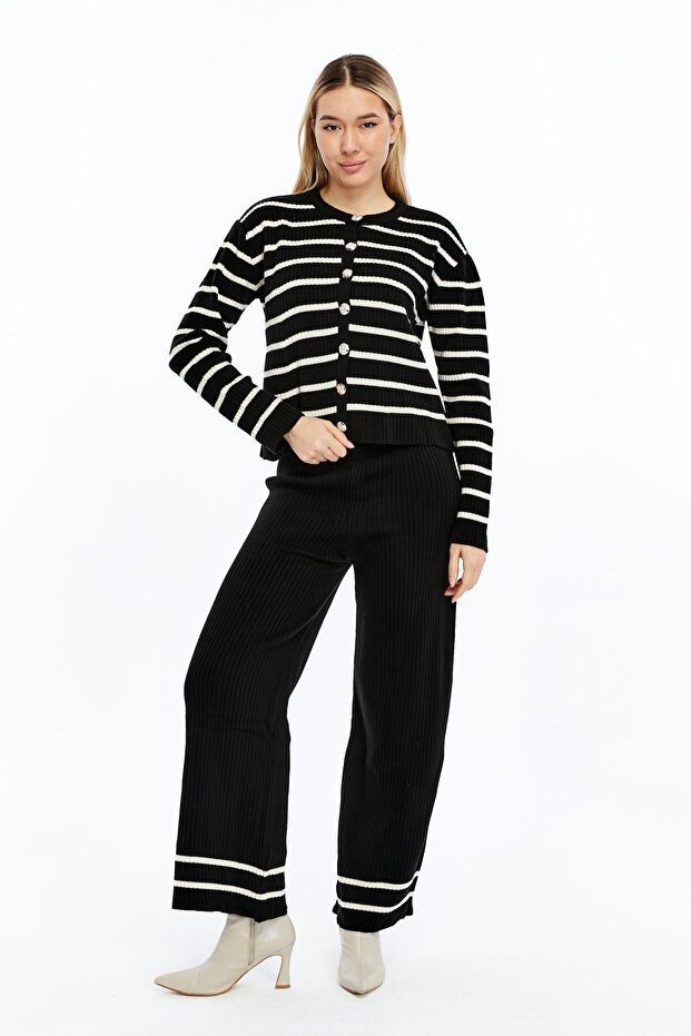 Kadın Çizgili İspanyol Paçalı Triko Takım - 3
