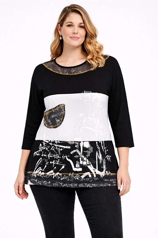 Women's Plus Size Black, Crew Neck, Low Sleeve, Print Detailed Viscose Tunic 65N39397