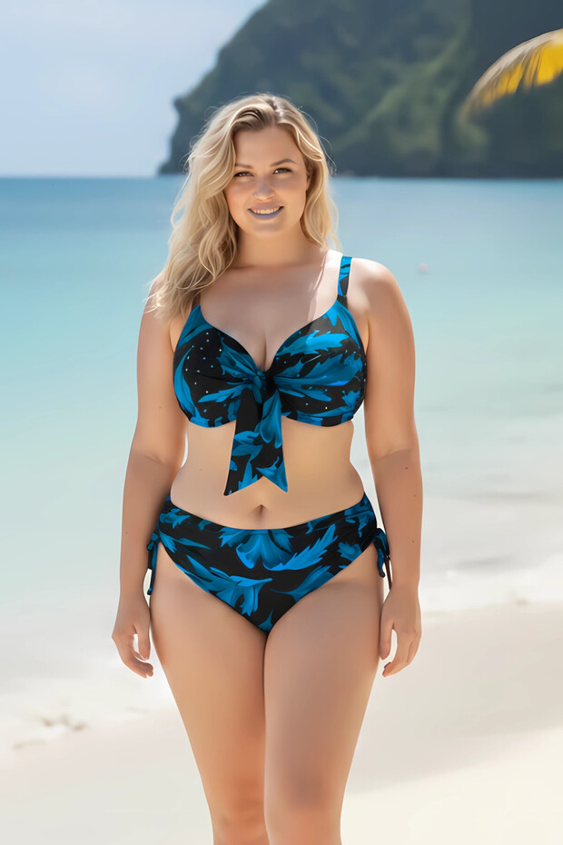 Women's Black Blue Stone Embroidered Plus Size Bikini Set Hzl25S-Lc3337