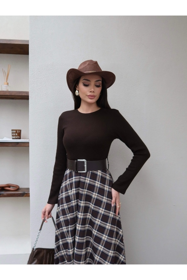 Triko Üst Kemerli Ekose Elbise - 4