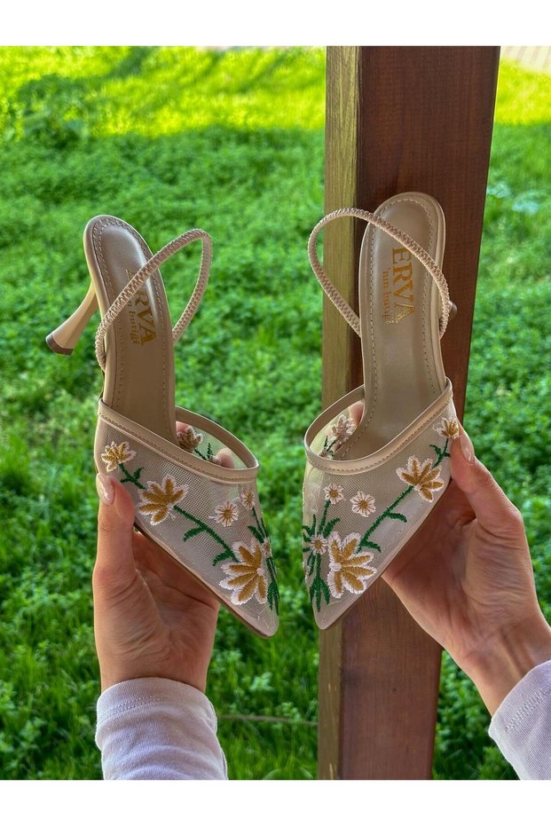 Beige (Livia) Floral Embroidery Detail Heeled Women's Stiletto