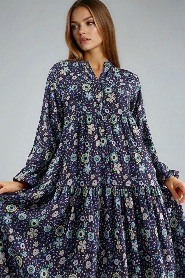 Düğmeli Baskılı V Yaka Modest Elbise - 2