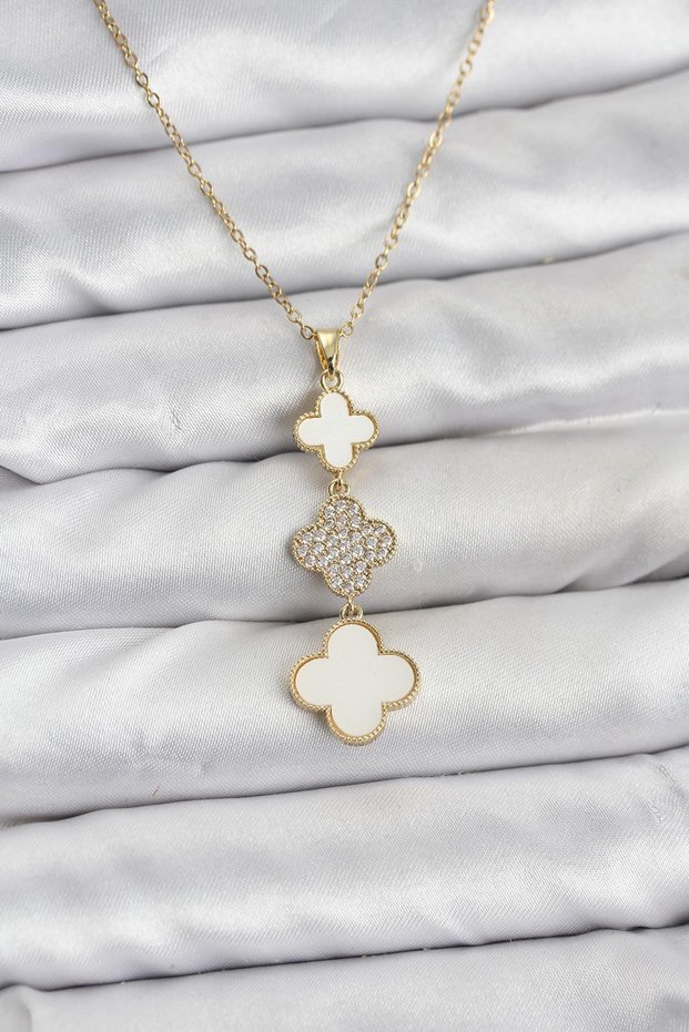 316L Steel Chain Gold Color Clover Detailed Zircon Stone Women's Necklace