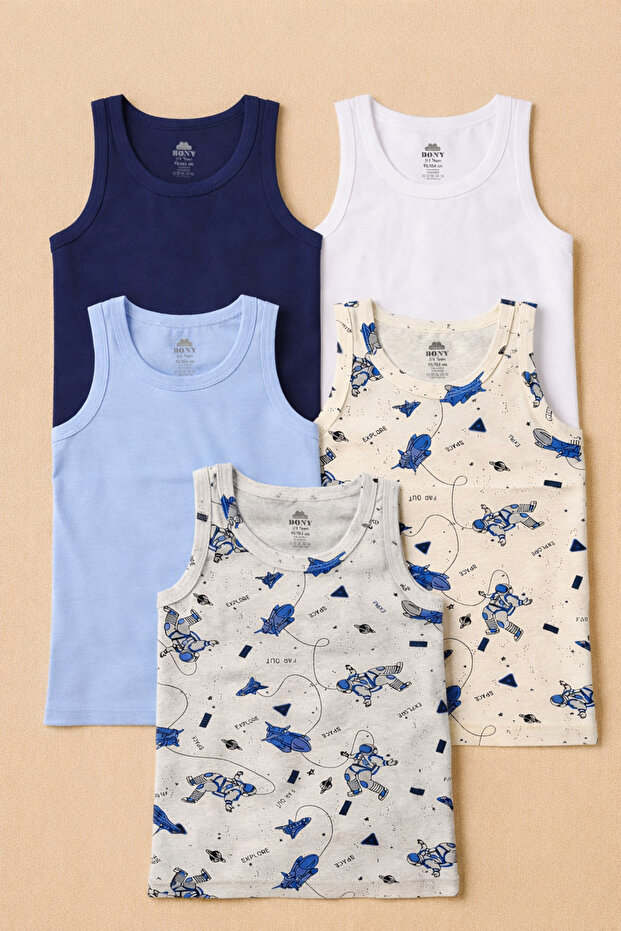 قميص داخلي للأولاد بنمط فضائي مكون من 5 قطع - 1